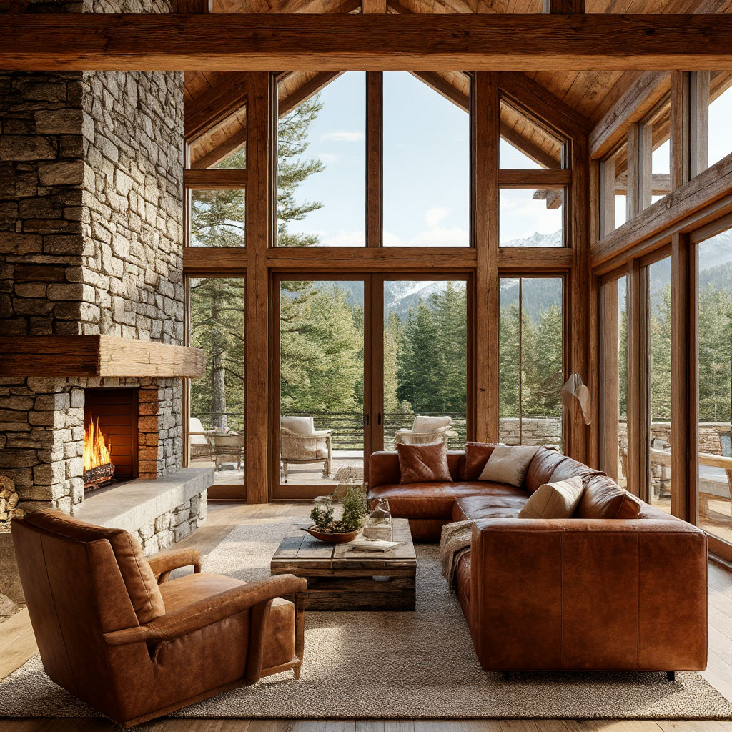 Modern rustic cabin interior with stone fireplace and wooden beams