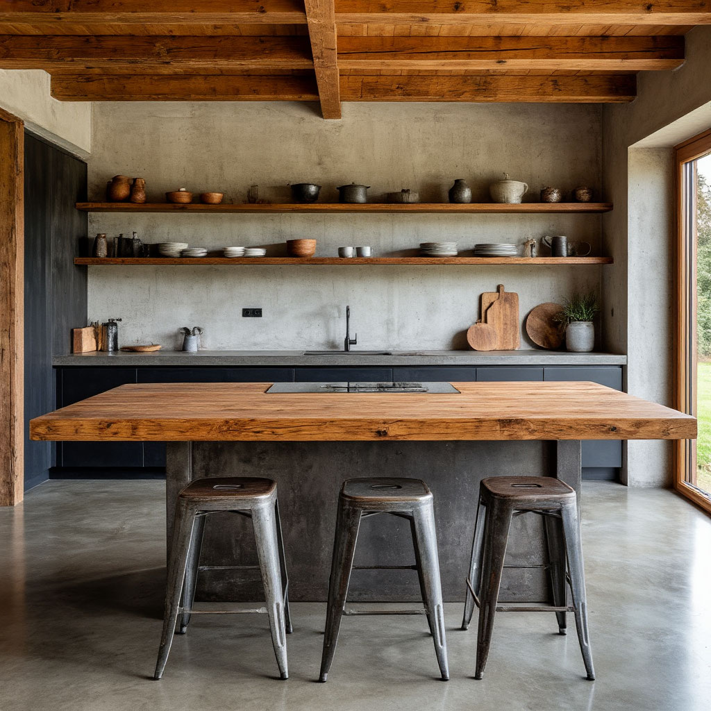 Modern rustic kitchen with wooden table and industrial chairs
