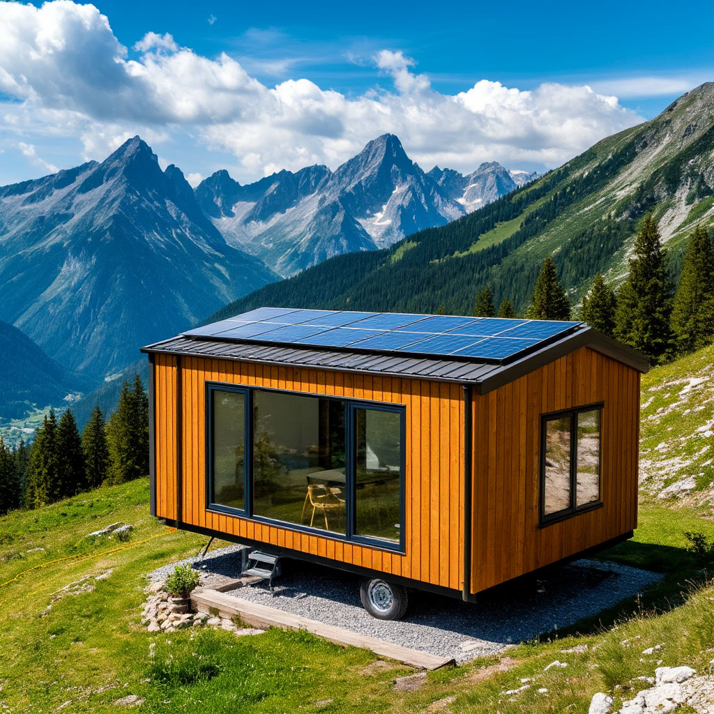 Modern tiny house on wheels in mountains