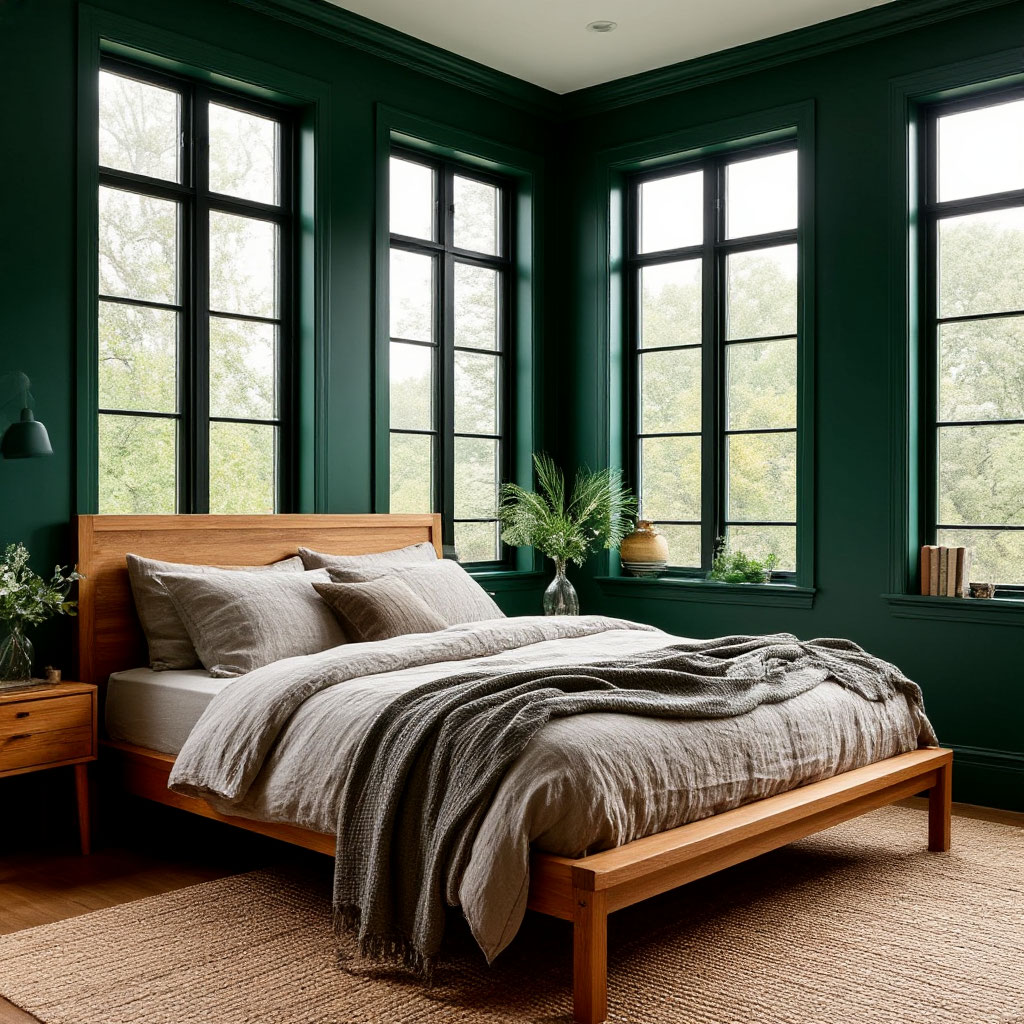 Moody green accent wall in rustic bedroom