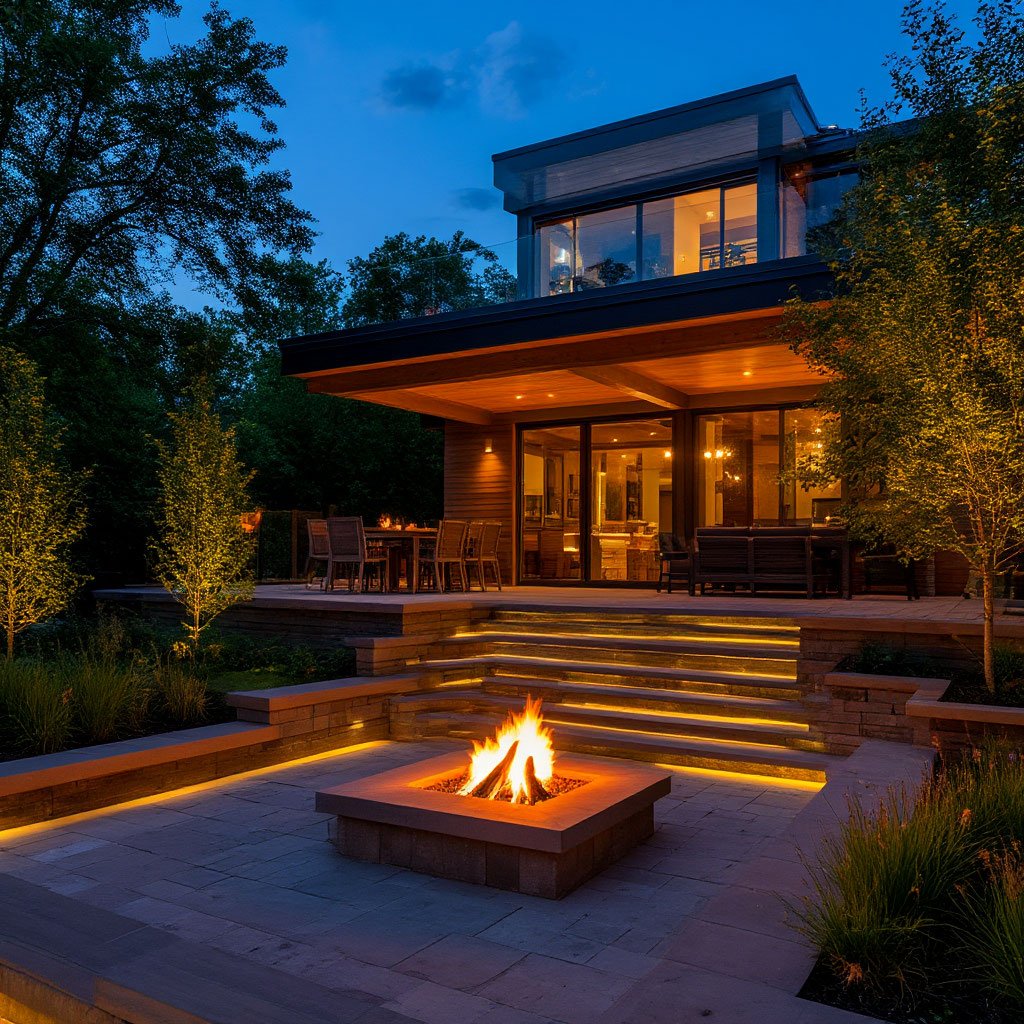 Multi-level A-frame cabin deck with fire pit