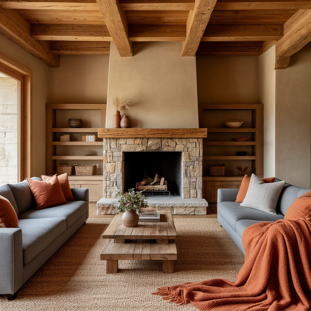 Neutral color palette in rustic-modern living room