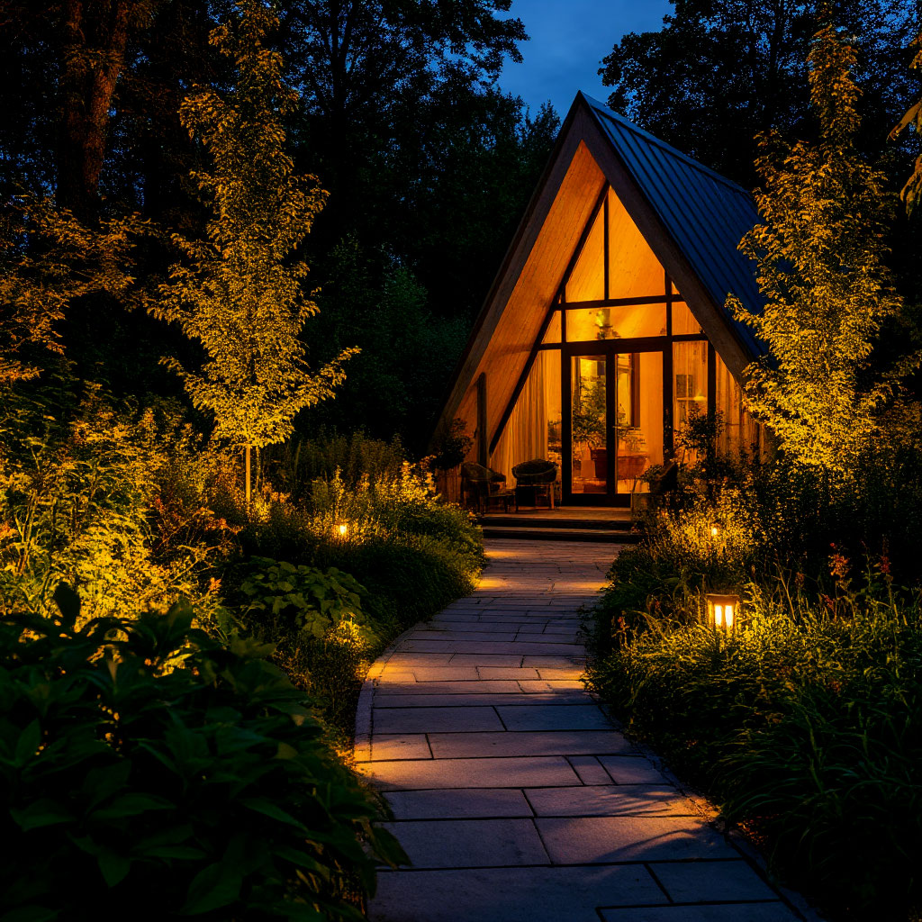 Nighttime landscape lighting around cabin