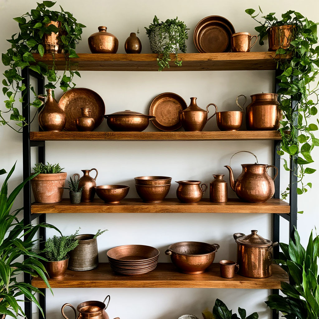 Open wooden shelves with rustic decor