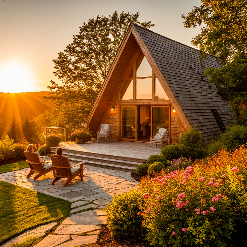 Perfectly designed A-frame cabin at sunset - the ultimate retreat