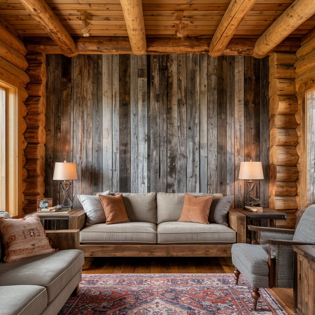 Reclaimed wood accent wall in a cabin