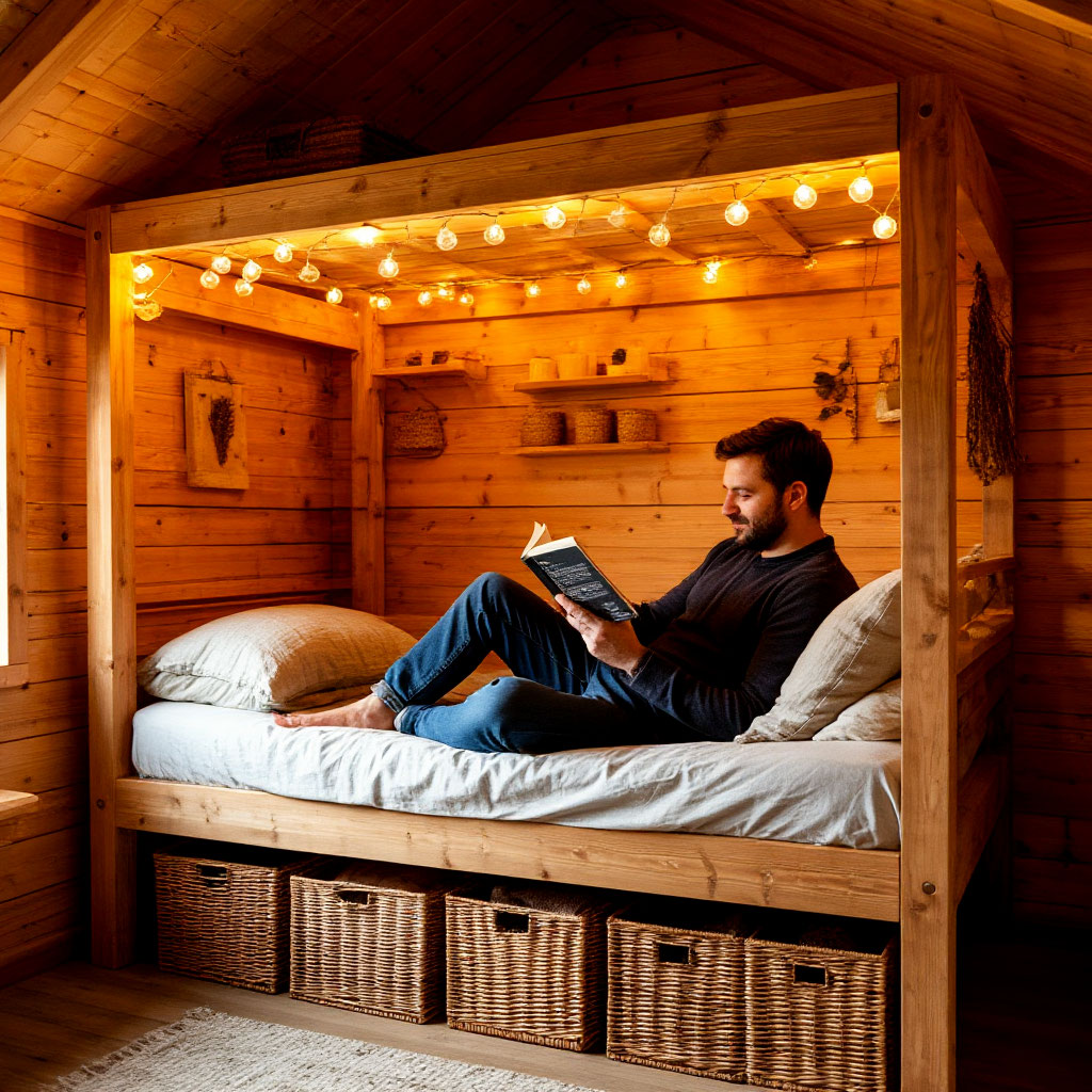 Relaxing in finished DIY cabin loft bed