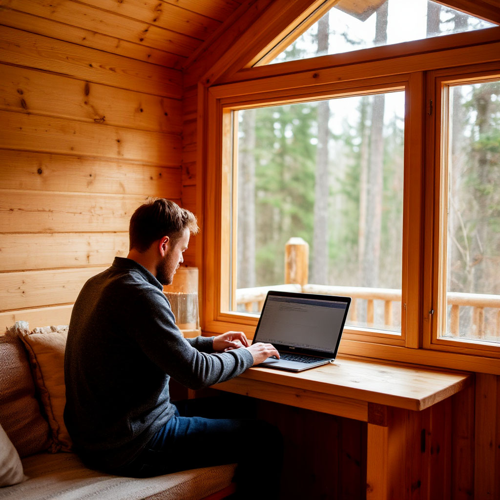 Remote work setup in a small cabin