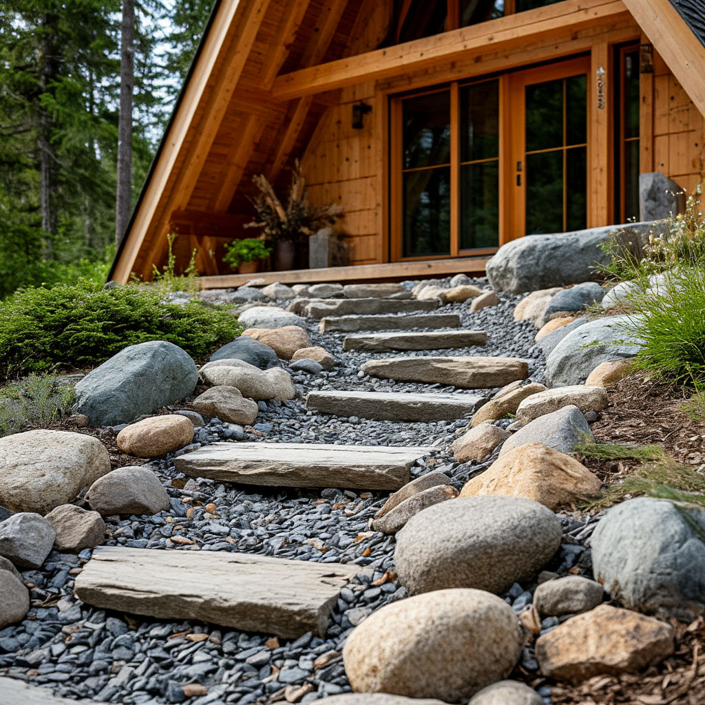 Rock garden near A-frame cabin entrance