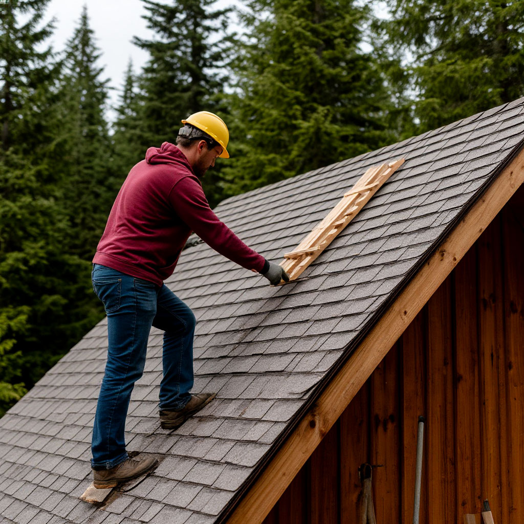 Roof inspection of A-frame cabin