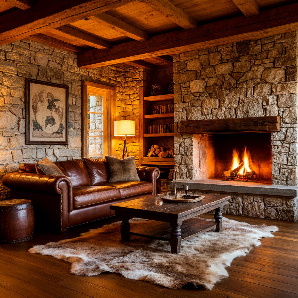 Rustic cabin living room with stone wall and fireplace