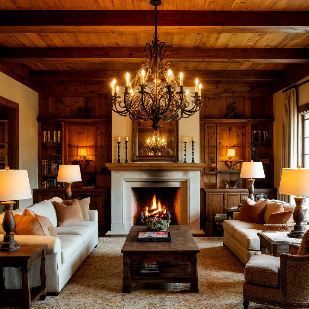 Rustic chandelier in cabin living room