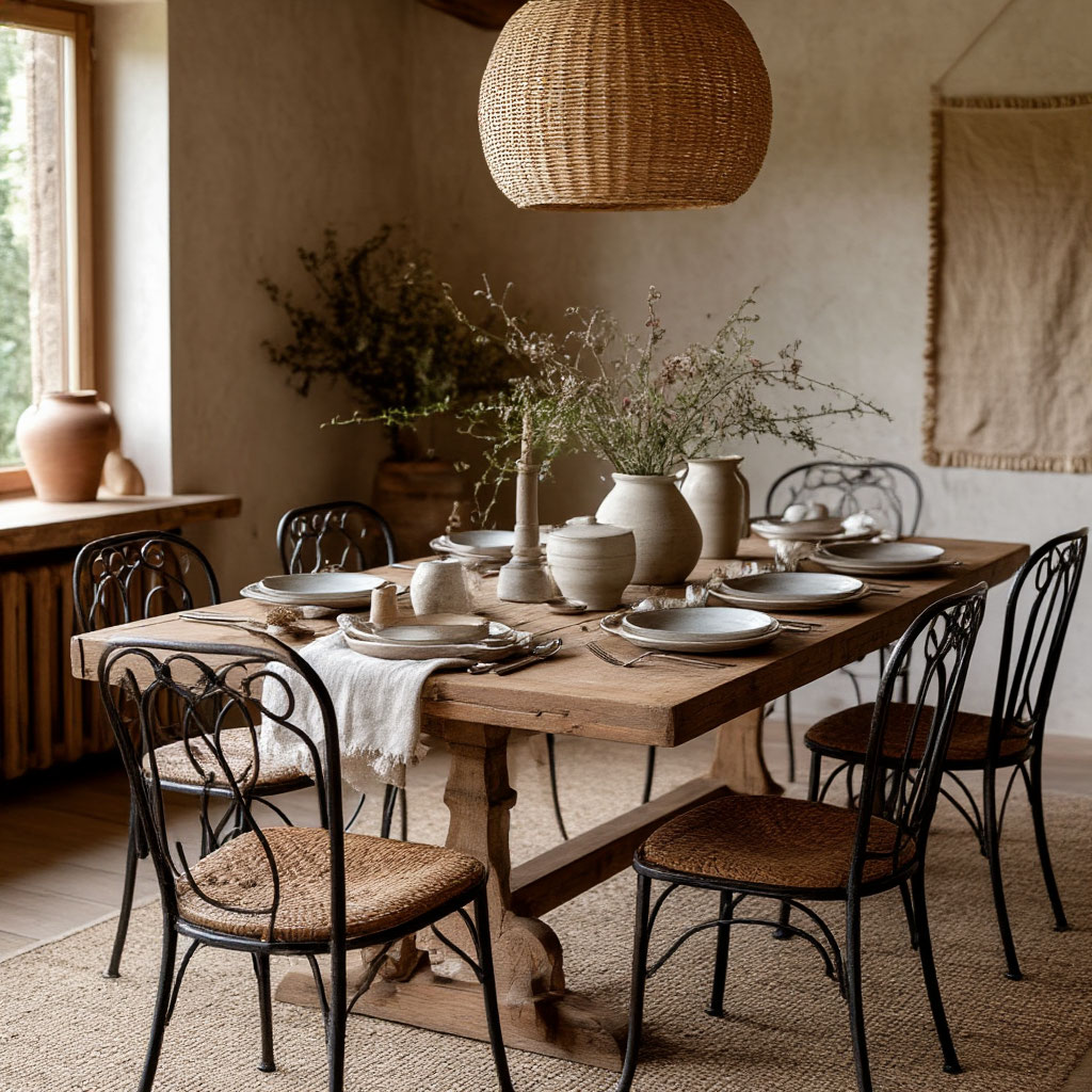 Rustic dining table with wrought iron chairs