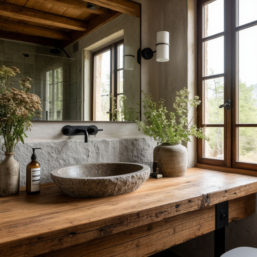 Rustic-modern bathroom with stone sink and wood