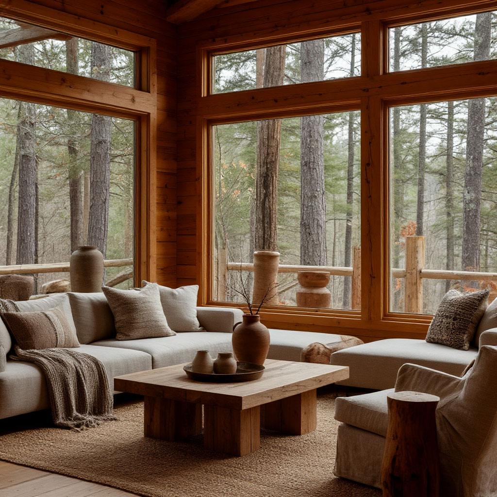 Rustic-modern living room with wooden walls and minimalist decor