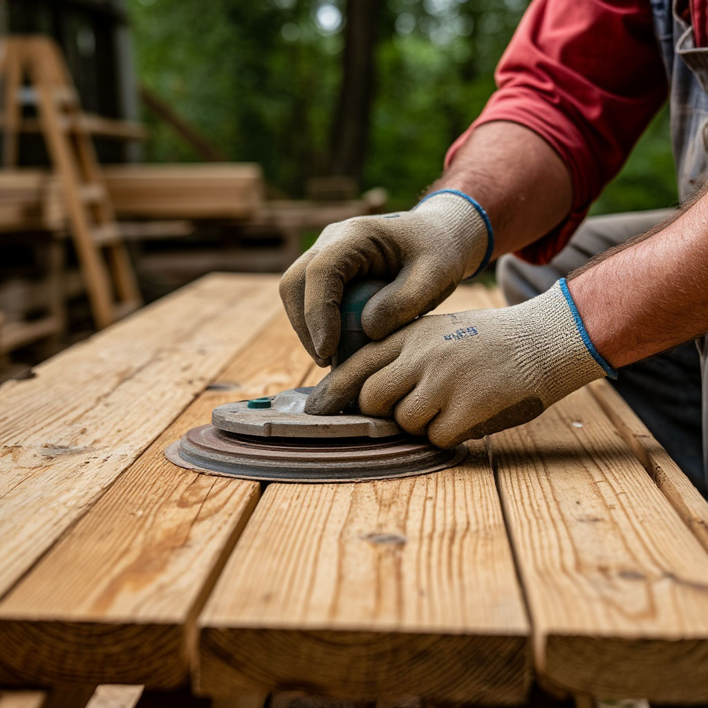 Sanding reclaimed wood before installation