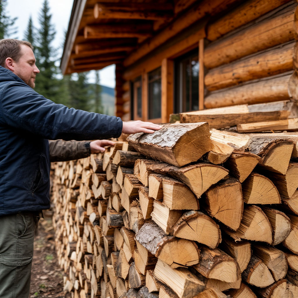 Stacking firewood near cabin