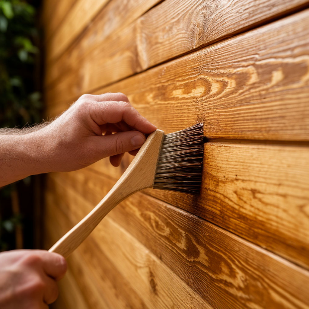 Staining a wooden wall with a brush