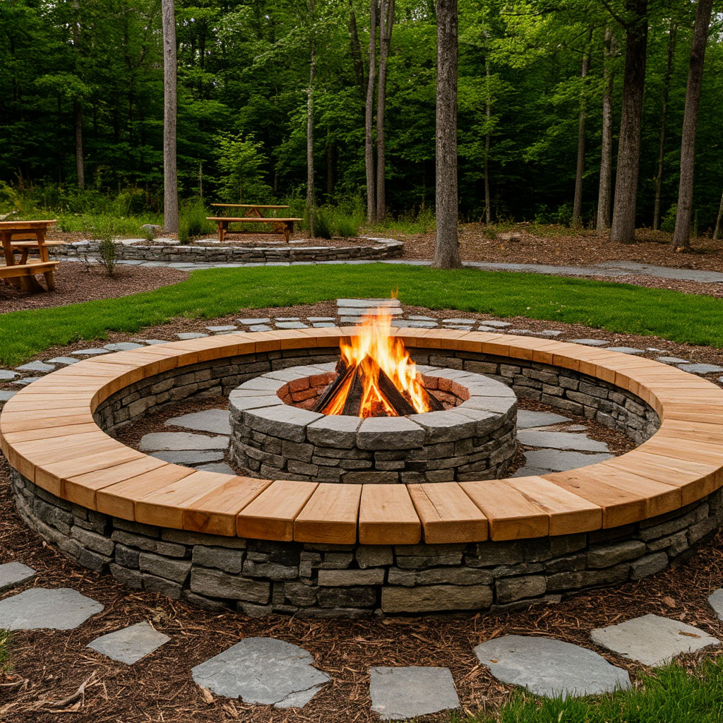 Stone fire pit area near A-frame