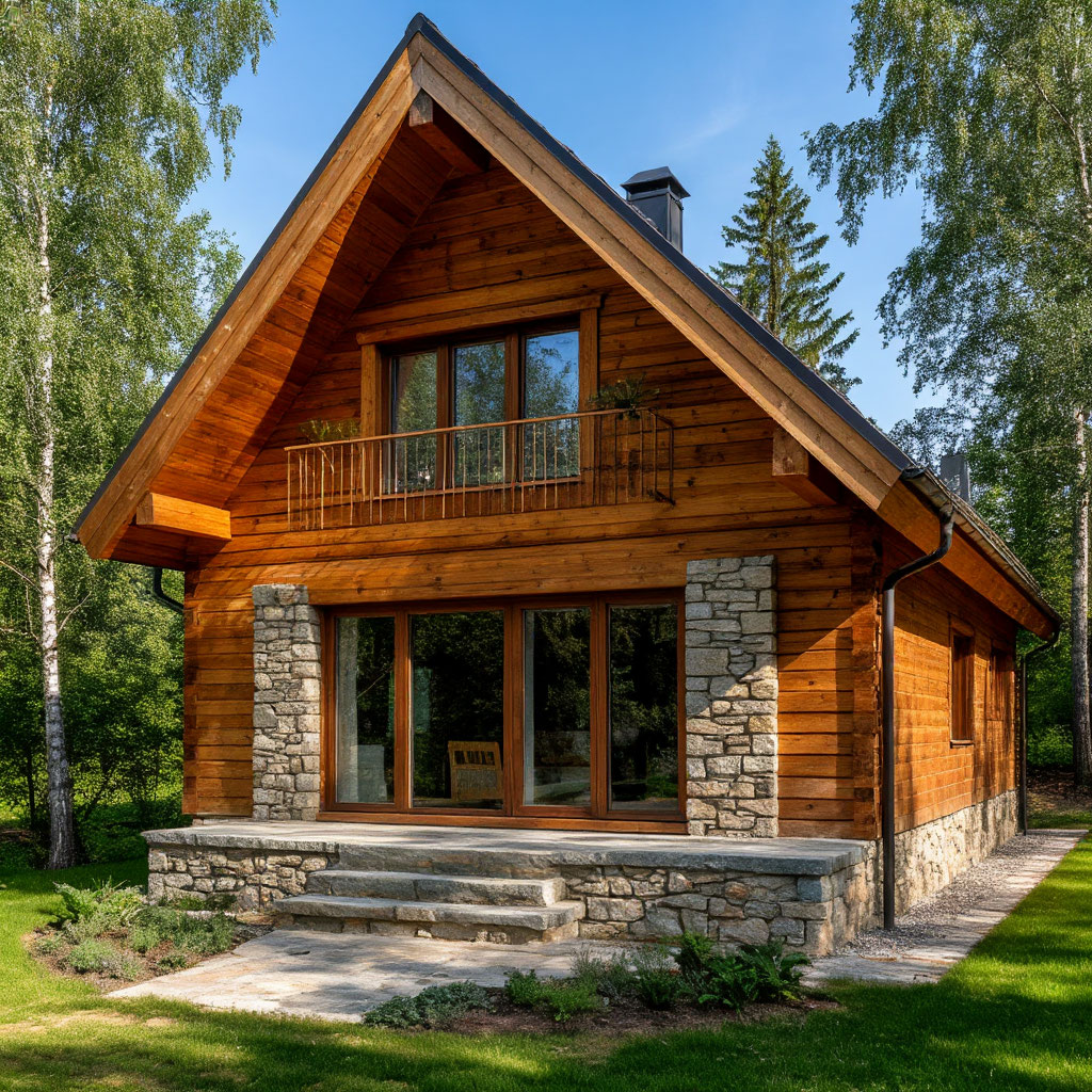 Stone foundation with wooden A-frame walls