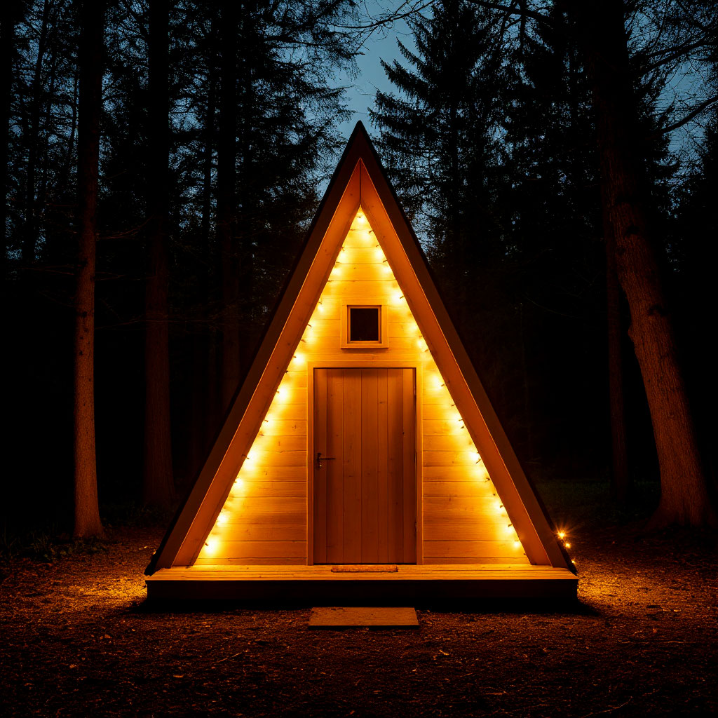String lights highlighting A-frame silhouette