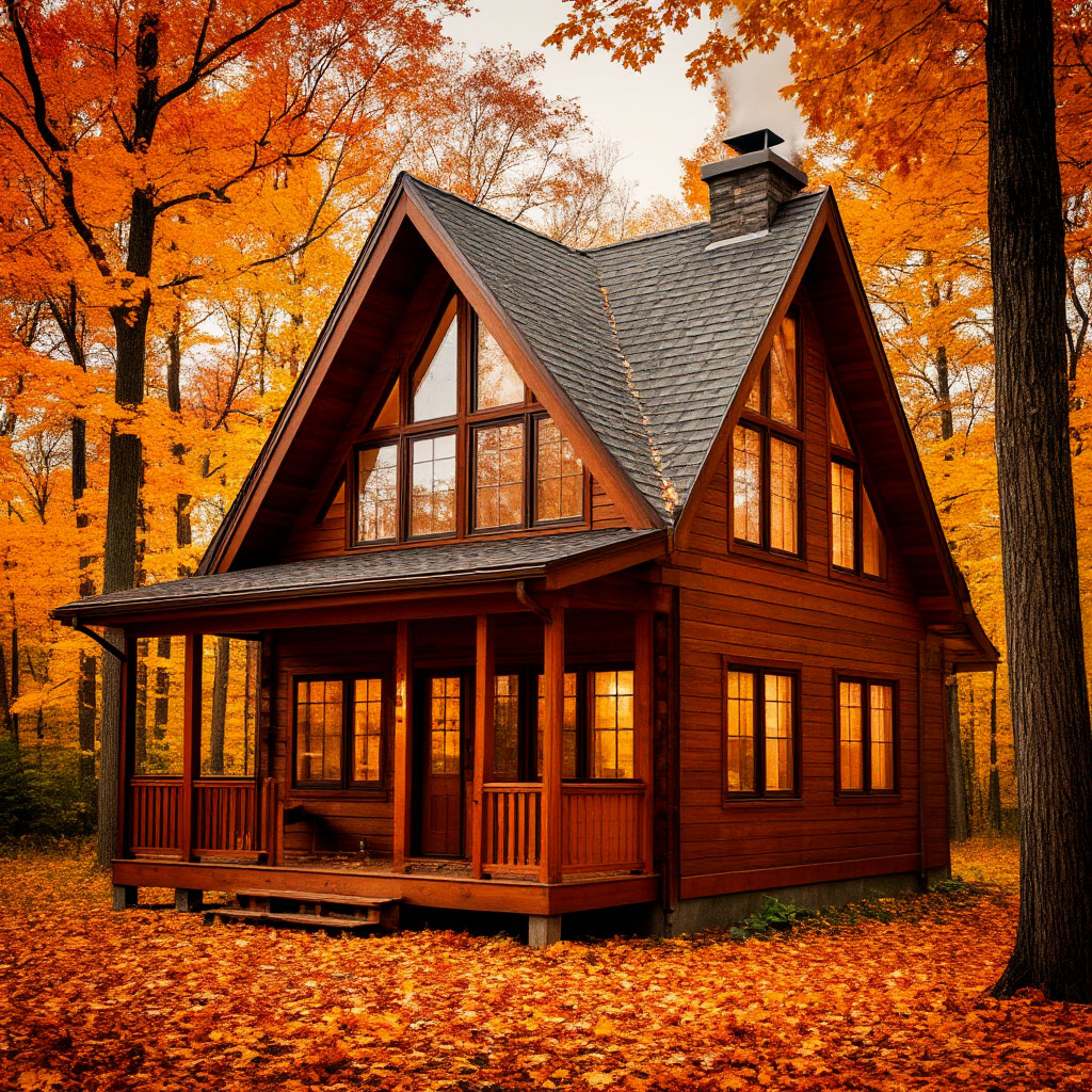 Timeless A-frame cabin in autumn forest