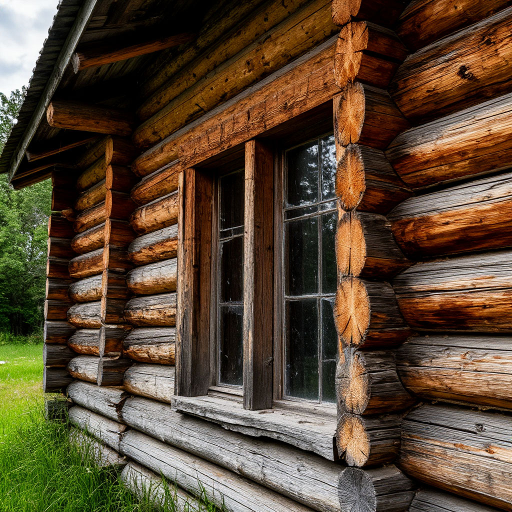 Weathered log cabin with cracked chinking