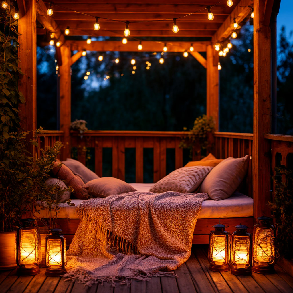 Well-maintained deck with cozy lights