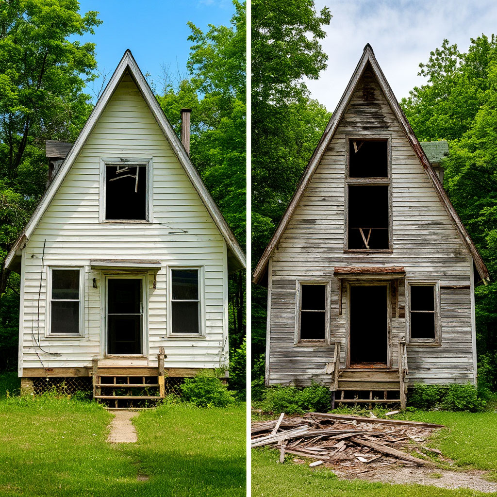 Well-maintained vs neglected cabin comparison