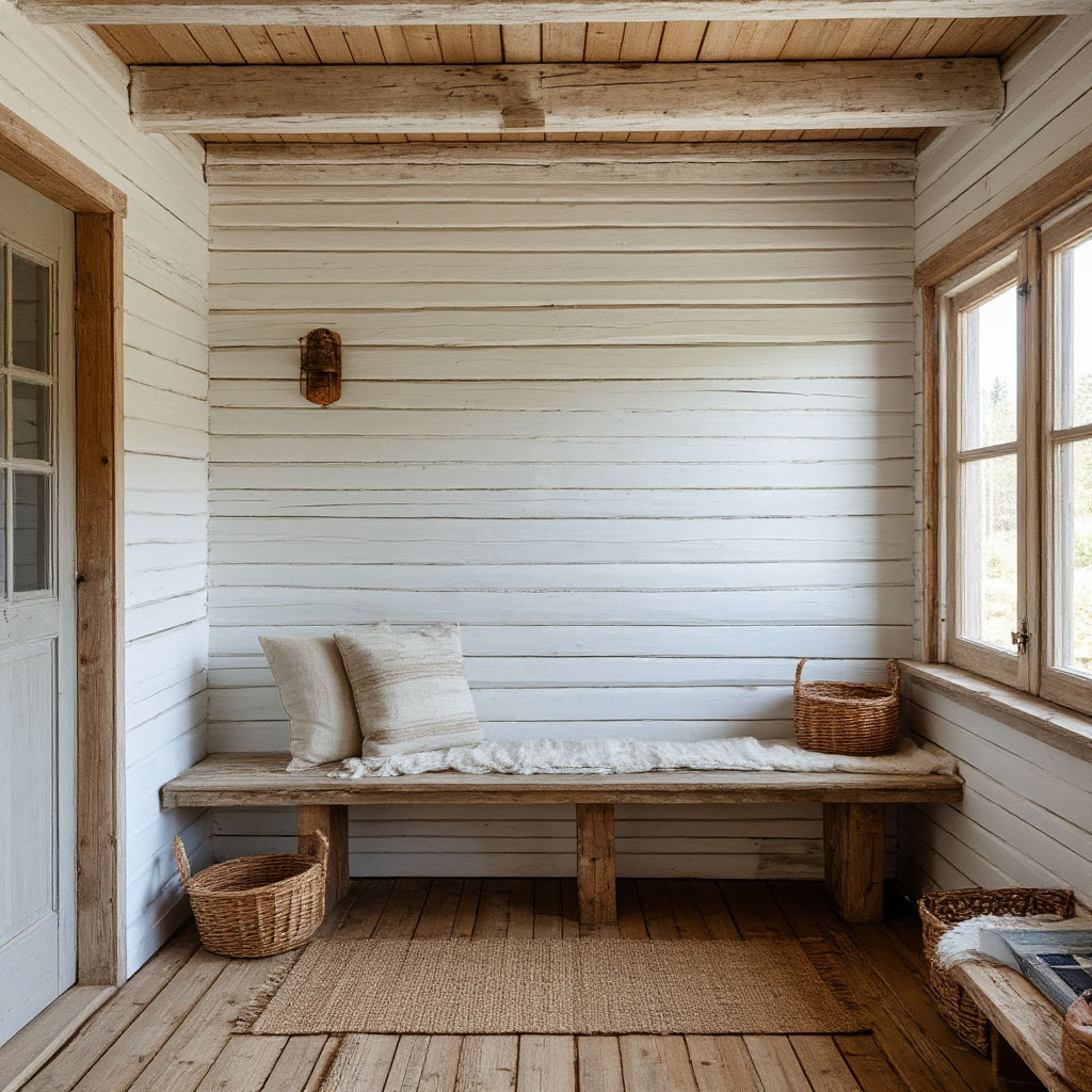 White shiplap walls in a log cabin