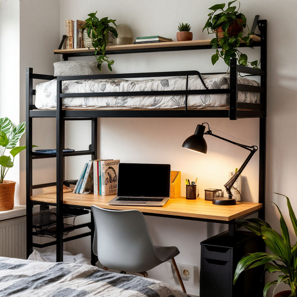 Workspace under loft bed