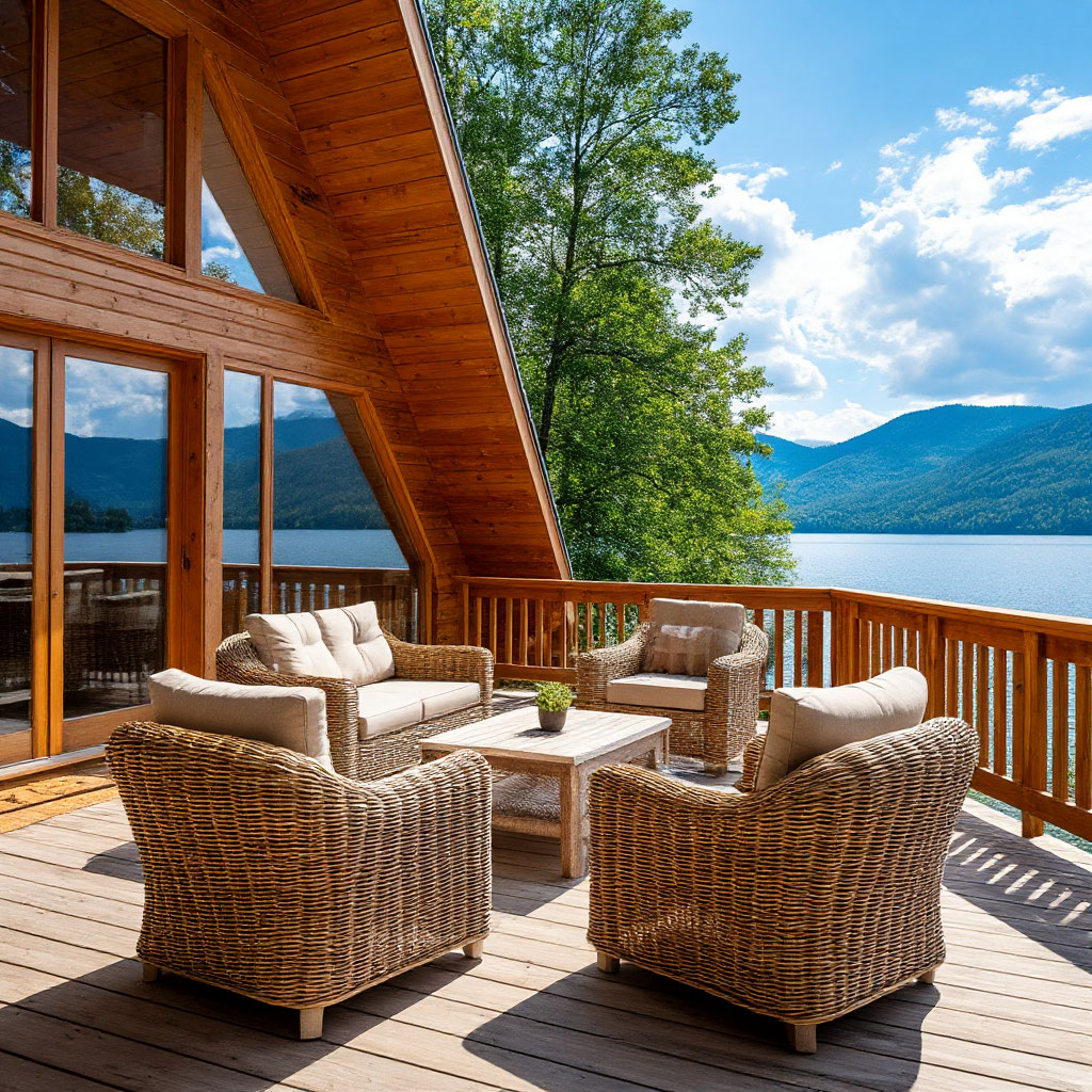 Wrap-around deck with lake view at A-frame cabin
